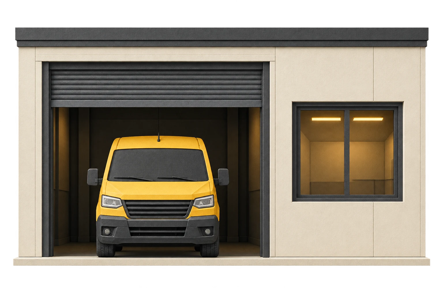 A straight-on view of a paper-crafted workshop with a tall bay on the left, a partly raised shutter with clear space above a yellow service van, and a single window on the right.